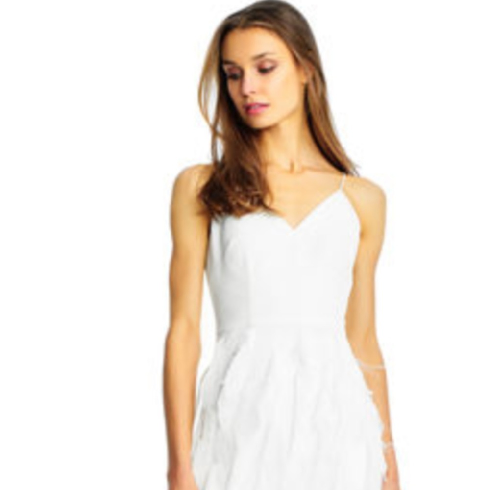 Aidan Mattox White Crepe Dress with Feather Bottom